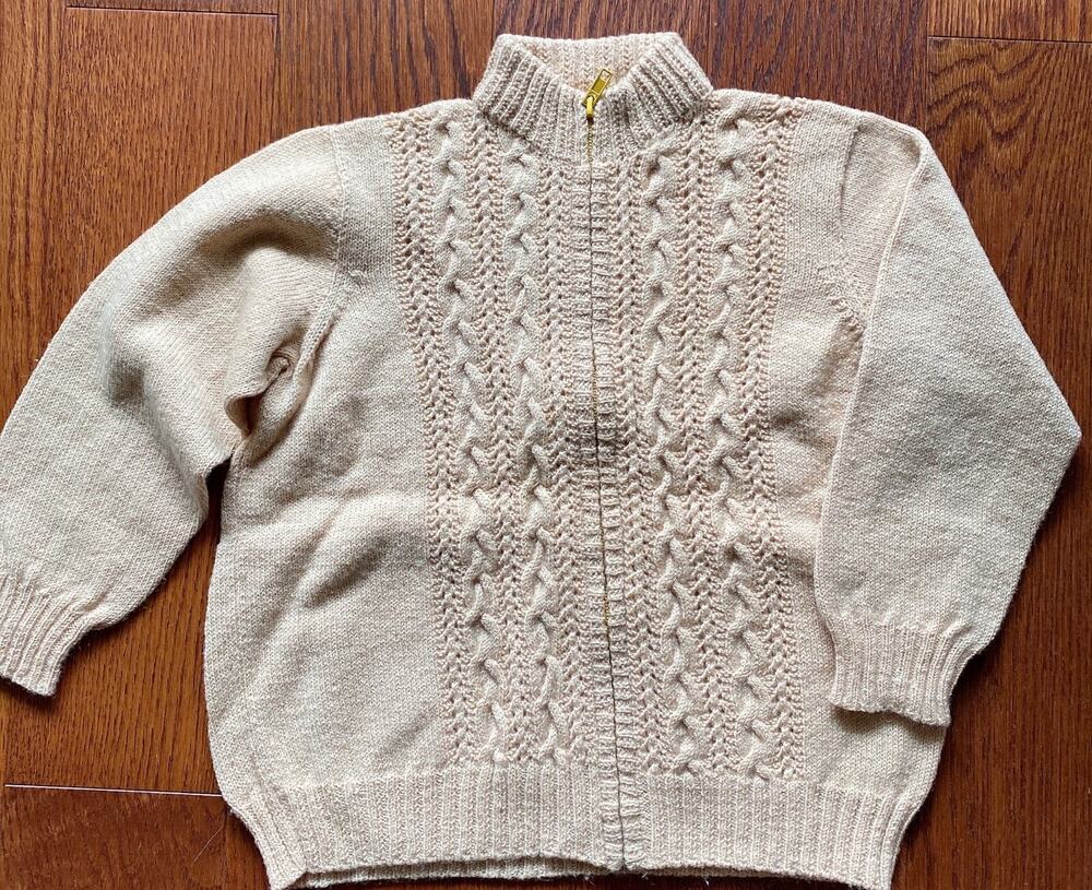 NEW Hand-Knitted Beige Kids’ Zip-Up Cardigan Sweater Size 4-5 Years